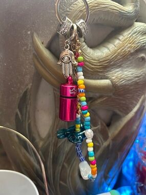 Beaded Keychain with Pink Pill holder, blue fish 🐟 and 2-925 Sparkling Charms!🪩✨
